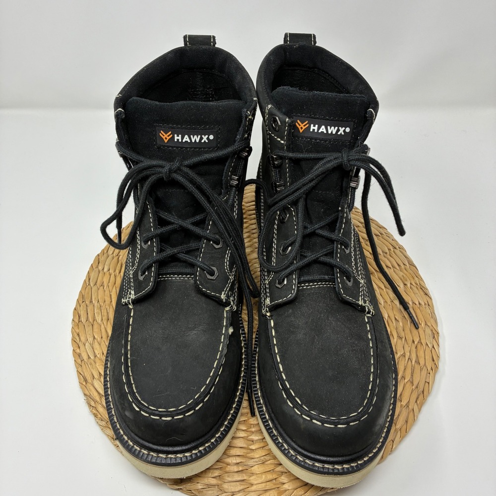 Hawx Grade Men's 12 D Moc Toe Wedge Sole Work Boots Black Leather‎ BHX00RPW39
